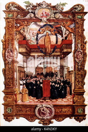 Roland de Lassus, / Orlando di Lasso - compositor, contrapuntist, director de coro de los Países Bajos. Escena de él con coro en servicio Hofpfarrkirche Laurentius, Munich, Capilla Real, Hofkapelle Bávaro (capilla real) . LASSUS (en amarillo) se encuentra a la izquierda del púlpito. Detalle del libro de los salmos por Lassus iluminación por Hans Mielich, 1565-60. HM (1516-73). Lassus- 1532 - murió en Munich el 14 de junio de 1594. Foto de stock