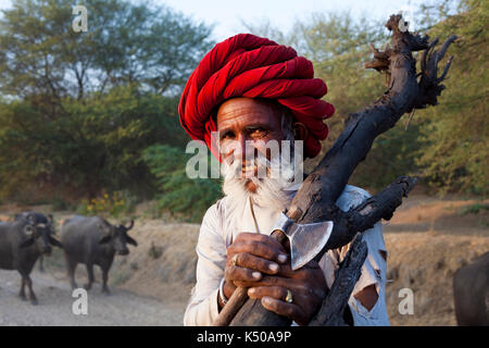 Rabari sosteniendo un hacha y madera Foto de stock