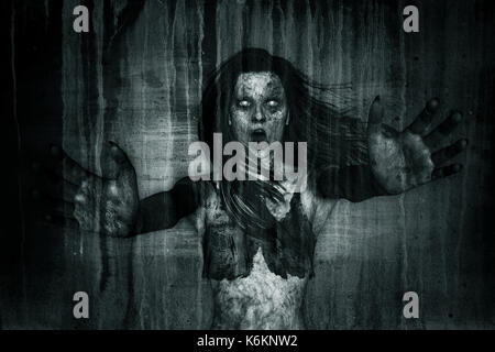 Ilustración 3d de miedo ghost mujer gimiendo en la oscuridad, fondo de Horror,mixed media