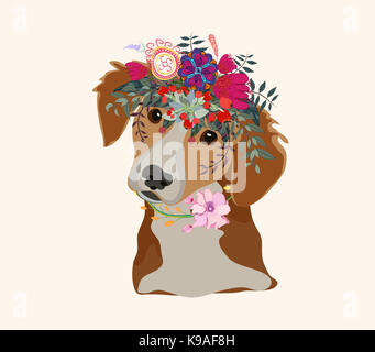 L piz de dibujo cara de perro Macaco retrato con hermosas flores