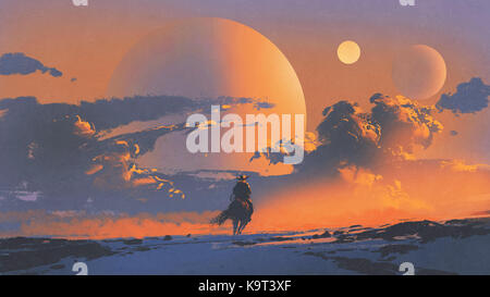 Vaquero montando un caballo contra el cielo del atardecer con planetas antecedentes, estilo de arte digital, ilustración pintura Foto de stock