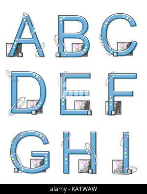 Las letras de la a a la i, en el conjunto de elementos del alfabeto 'Mod', es 3d azul. roscado swirl con coloridos abalorios decorar letra. Plazas de metal sentarse a b
