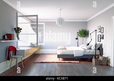 Dormitorio moderno interior. Hermosa vista ventana zone.3D rendering design
