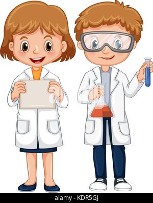 Niño y niña en bata de laboratorio sosteniendo el cuaderno Imagen Vector de  stock - Alamy