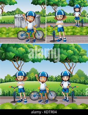 Niños y niñas montando bicicleta en el jardín ilustración Ilustración del Vector