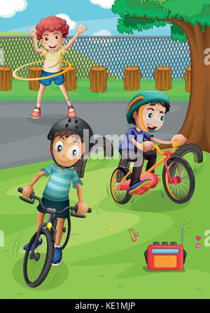 Los niños montando bicicleta y hacer ejercicio en el parque ilustración Ilustración del Vector