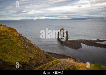 Hvítserkur es una pila de basalto de 15 m de altura a lo largo de la costa oriental de la península Vatnsnes, en el noroeste de Islandia. Foto de stock