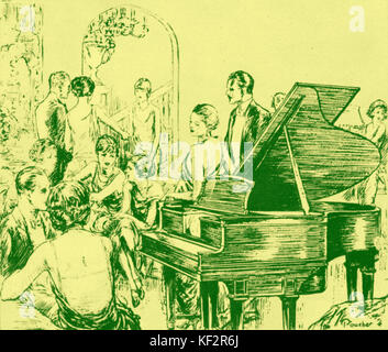 INSTR - Teclado - Piano - Pianista Anuncio para la pianola, 1924. Muestra la hendidura en la parte superior del teclado, donde acciona los rodillos perforados que las claves se han insertado. Foto de stock