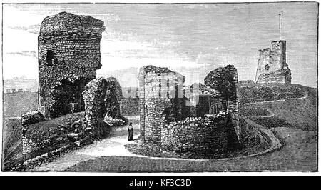 1890: el castillo de Aberystwyth es una fortaleza de estilo eduardiano situado en Aberystwyth, Ceredigion, Gales, creado en respuesta a la primera guerra de Gales a finales del siglo 13. Durante un alzamiento nacional por Owain Glyndŵr, la Welsh capturó el castillo en 1404, pero fue capturado por los ingleses, cuatro años más tarde. En 1637 se convirtió en una Royal Mint por Carlos I y produjo plata chelines.