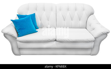 Sof de cuero ecol gico blanco con azul almohada. Sill n blanco