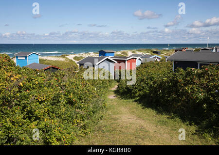 Cabañas de playa entre dunas de arena con mar azul detrás, Tisvilde, Kattegat Costa, Zelanda, Dinamarca, Europa Foto de stock