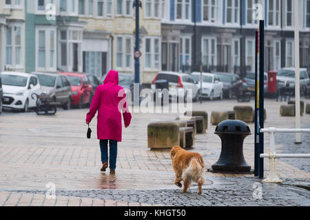 Gales Aberystwyth uk, sábado 18 de noviembre de 2017, el clima del Reino Unido: una mujer caminando con su perro en el paseo marítimo en un gris, nublado, húmeda y lluviosa mañana en Gales Aberystwyth uk Foto © Keith morris / alamy live news Foto de stock