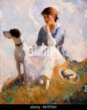 Chica con un perro por Frank Weston Benson (1862-1951), óleo sobre lienzo, 1914