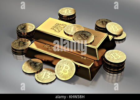 Pila de golden bitcoins alrededor de barra de oro en lingotes (bar). bitcoin como futuro gold (es el bien más precioso en el mundo). 3D rendering