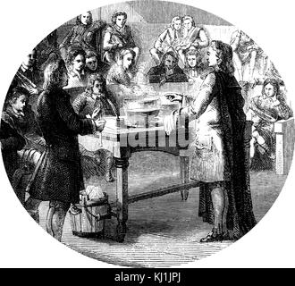 Grabado representando Joseph Black sermonear sobre calor latente en la Universidad de Glasgow. Joseph Black (1728-1799), un médico escocés y farmacia. Fecha del siglo XVIII Foto de stock