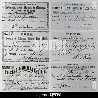 Muestras de billetes de ferrocarril de Chicago del siglo 19. Fecha del siglo XIX Foto de stock