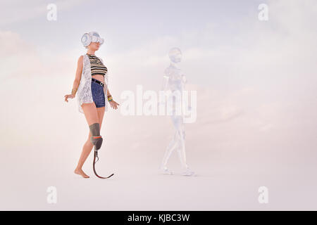 Mujer con la pierna artificial llevaba gafas de realidad virtual Foto de stock