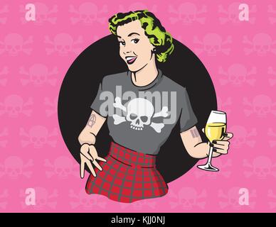 Estilo punk rock ama de casa de casa de diseño vectorial ilustración vistiendo ropa punk rock y beber vino en el cráneo y dos huesos cruzados de fondo Imagen Vector