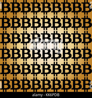 Patrón sin fisuras con signos en bitcoin negro dorado fondo degradado radial. Ilustración vectorial. Plantilla. Foto de stock