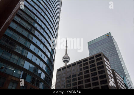 Toronto, Canadá - 31 de diciembre de 2016: la Torre Nacional de Canadá (CN Tower), rodeada de edificios más modernos en el centro de Toronto. CN Tower es el talle Foto de stock