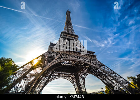 Una vista de la Torre Eiffel con una lente gran angular, mirando hacia arriba desde la base en una tarde soleada
