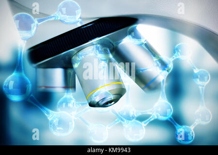 La estructura del ADN en contra de cerca en el microscopio en laboratorio