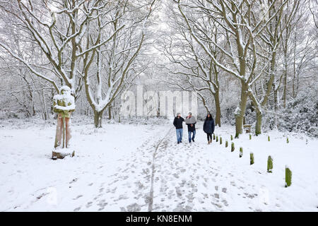 La gente caminando en la nieve en el Beacon Hill Country Park Foto de stock