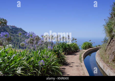 Impresionantes vistas al océano Atlántico desde el sendero a lo largo de canales de riego, llamado levada, en la isla de Madeira, Portugal. El Blooming big y bl. Foto de stock