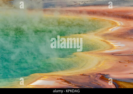 Vista elevada de Grand Prismatic Spring y patrones en mat bacteriana, Midway Geyser Basin, el Parque Nacional Yellowstone, Wyoming.