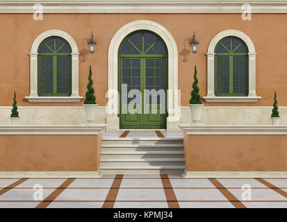 Entrada exterior de una clásica villa con escalera, puertas y ventanas de  arco - 3D Rendering Fotografía de stock - Alamy