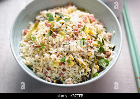 Nasi goring arroz. Estilo indonesio con arroz frito con carne de cerdo, el huevo y el puerro Foto de stock