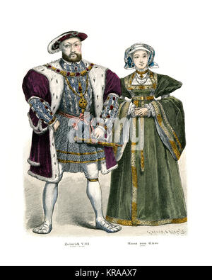 Vintage grabado del Rey Henry VIII y de la Reina Anne de Cleves Foto de stock