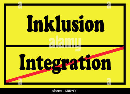 Mit der Aufschrift Gelbes Verkehrsschild Integración Inklusion und durchgestrichen