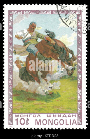 Sello impreso por Mongolia, Color Edition dedicado a pinturas de Mongolia, espectáculos de doma de caballos salvajes, circa 1975 Foto de stock