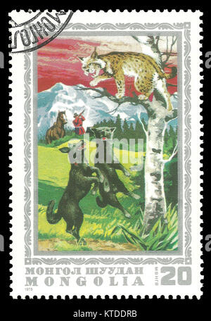 Sello impreso por Mongolia, Color Edition dedicado a la caza, Perros de muestra y el lince euroasiático , CIRCA 1975 Foto de stock