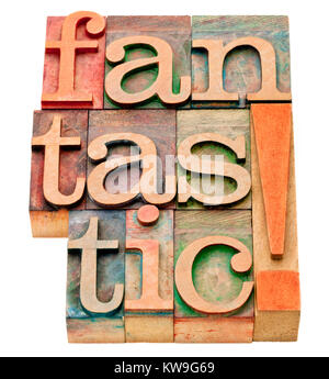 Fantástico, aislado de exclamación palabra abstracta en bloques de madera vintage tipografía Foto de stock