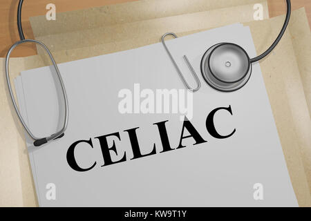 Ilustración 3D de la celiaquía título sobre un documento médico