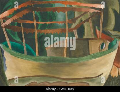 FISHBOAT, por Arthur Dove, 1930, pintura americana, óleo sobre cartón. Abstraen barco llena la obra de superficie, con un fondo de modelar formas verdes (BSLOC 2017 7 85) Foto de stock