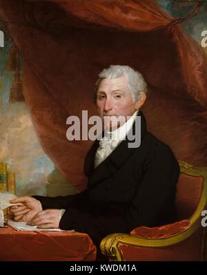 JAMES MONROE, por Gilbert Stuart, 1820-22, la pintura norteamericana, óleo sobre lienzo. El quinto Presidente de los Estados Unidos está representado en un escritorio con libros y papeles, y cortinas rojas (BSLOC 2017 10 113) Foto de stock