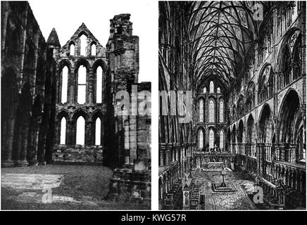 WHITBY ABBEY restaurada , en el norte de Yorkshire, Reino Unido - la nave en ruinas y una impresión de los artistas de su forma original (1938 ilustraciones) Foto de stock