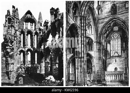 WHITBY ABBEY restaurada , en el norte de Yorkshire, Reino Unido - El transepto norte interior en ruinas y una impresión de los artistas de su forma original (1938 ilustraciones) Foto de stock