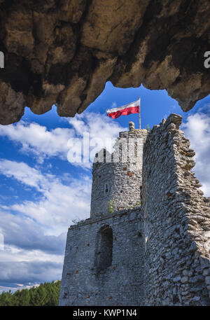 Torre del Castillo de Ogrodzieniec Podzamcze village, parte de los nidos de águilas castillo sistema en voivodato de Silesia sur de Polonia. Foto de stock