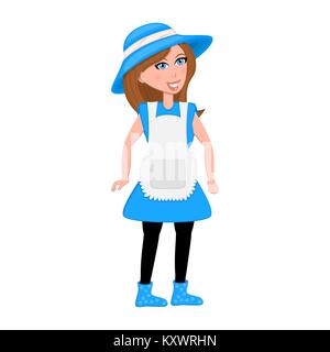 Pequeña niña con sombrero azul, ilustración, vector sobre fondo