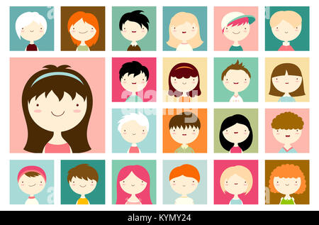 Conjunto de rostros masculinos y femeninos avatares. Conjunto de iconos vectoriales en estilo plano. Retratos de niños y niñas con una sonrisa y mejillas rosadas en colores retro. EPS8 Foto de stock