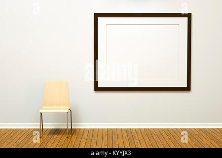 Marco de imagen horizontal en blanco grande y galería de arte en una pared en una habitación vacía con un piso de madera y silla básica