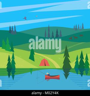 Valle verde paisaje. Cartoon coloridas escenas de la naturaleza