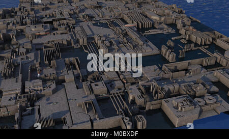 3D rendering. Ciudad futurista y naves espaciales