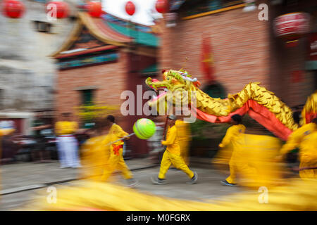 Vietnam - Enero 22, 2012: La danza del dragón artistas durante la celebración del Año Nuevo vietnamita Foto de stock