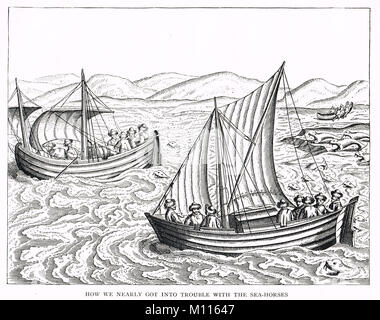 Jacob van Heemskerk en barco, en problemas con morsas gigantes,1597 Foto de stock
