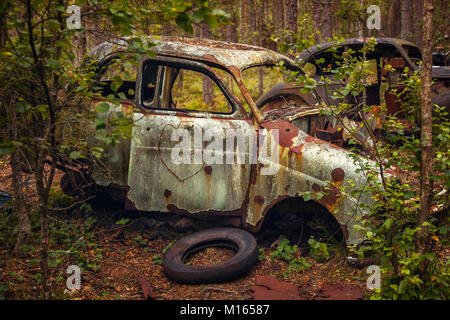 Rusty coche viejo naufragio abandonados en el bosque.
